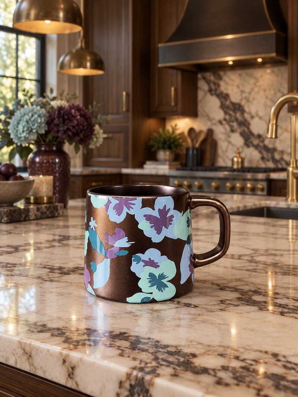Starbucks 2020 Bronze Copper Gold Floral Pansy Ceramic Mug 14 Oz